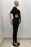 Red Fashion Casual Solid Slit Asymmetrical O Neck Short Sleeve Two Pieces