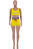 Yellow Sexy Print Split Joint Letter U Neck Sleeveless Two Pieces