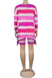 Pink Fashion Casual Print Tie Dye Asymmetrical Oblique Collar Long Sleeve Two Pieces
