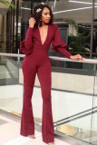 Wine Red Elastic Fly Long Sleeve Mid Beading Solid Loose Pants Jumpsuits & Rompers