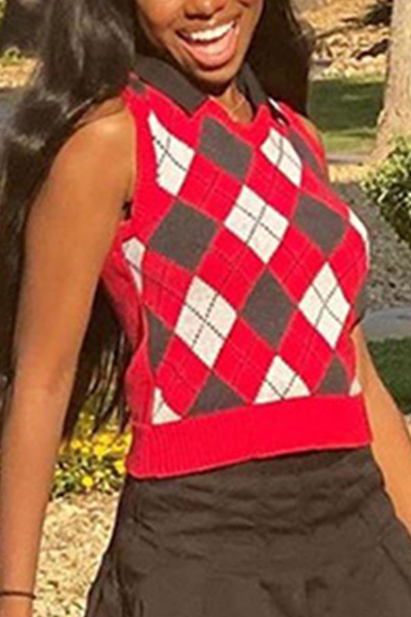 Red knitting O Neck Sleeveless Plaid Patchwork Print Tops