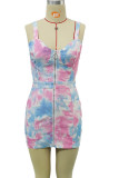 Pink Sexy Casual Print Tie-dye Backless V Neck Sling Dress Dresses