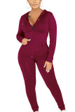 Wine Red Sexy Solid Split Joint Hooded Collar Long Sleeve Regular Sleeve Regular Two Pieces