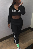 Blue Sportswear Print Letter Hooded Collar Long Sleeve Two Pieces