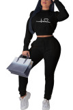 Black Fashion Casual Adult Embroidery Embroidered O Neck Long Sleeve Regular Sleeve Short Two Pieces