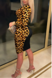 Black Casual Leopard Patchwork O Neck Dresses