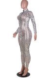 Silver Solid Ripped Hollowed Out See-through O Neck Regular Jumpsuits