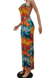 Orange Fashion Sexy adult Ma'am Off The Shoulder Sleeveless Slip Step Skirt Ankle-Length Print Tie and dye Dresses