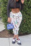 White Fashion Casual Print Basic Regular Mid Waist Trousers
