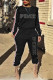 Black Casual Letter Embroidered O Neck Long Sleeve Two Pieces