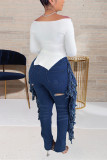 Dark Blue Fashion Casual Patchwork Tassel Ripped High Waist Regular Jeans