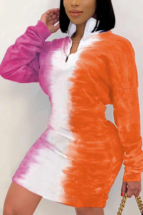 Orange Sexy Polyester Gradual Change Print Turndown Collar Long Sleeve Mini Pencil Skirt Dresses