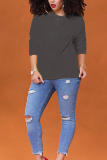 Dark Gray Polyester O Neck Long Sleeve Solid Tops
