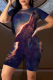 Brown Street Print Patchwork O Neck Short Sleeve Two Pieces
