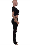 Black Fashion Sexy Print Hollowed Out O Neck Short Sleeve Two Pieces