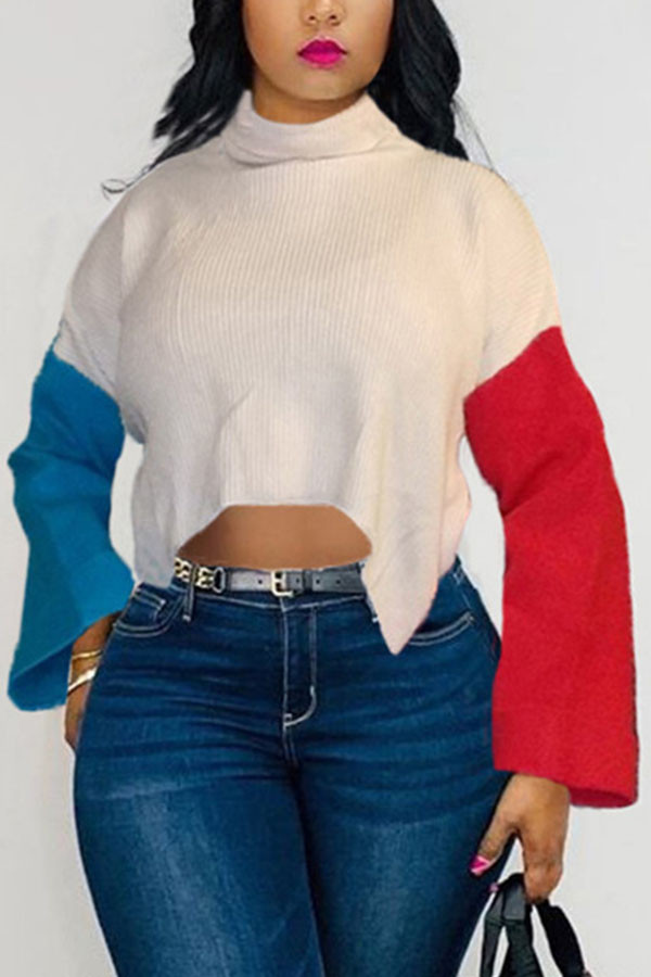 White knitting Turtleneck Long Sleeve Patchwork contrast color Tops
