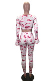 Pink Sexy Daily Print Tie-dye V Neck Long Sleeve Two Pieces