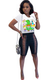 Black knit Fashion Sexy adult Ma'am Patchwork Print Character Bandage Two Piece Suits Straight Short Sleeve Two Pieces