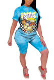 Blue Fashion Casual adult Ma'am Print Character Two Piece Suits Straight Short Sleeve Two Pieces
