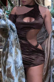 Coffee Sexy Solid Hollowed Out Frenulum Dresses