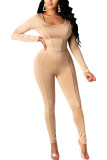Beige Sexy Casual Solid Split Joint U Neck Long Sleeve Short Two Pieces