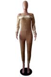 Khaki Fashion Sexy Solid Long Sleeve one word collar Jumpsuits