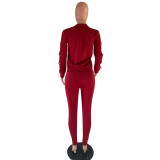 Wine Red adult Casual Fashion Solid HOLLOWED OUT Two Piece Suits pencil Long Sleeve Two-piece Pant