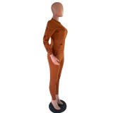 Brown adult Casual Fashion Solid HOLLOWED OUT Two Piece Suits pencil Long Sleeve Two-piece Pant