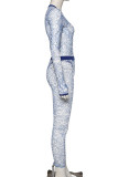 Blue Fashion Sexy Adult Print Patchwork See-through O Neck Long Sleeve Regular Sleeve Regular Two Pieces