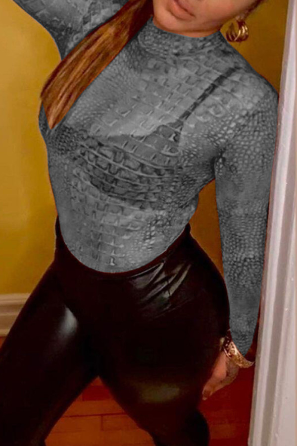 Grey Fashion Casual Print Turtleneck Tops