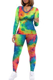 Green Fashion Sexy Adult Polyester Print Tie-dye O Neck Long Sleeve Regular Sleeve Regular Two Pieces