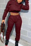 Wine Red Casual Sportswear Blends Solid Patchwork Hooded Collar Long Sleeve Cap Sleeve Short Two Pieces