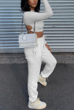 White Work Daily Solid Patchwork O Neck Long Sleeve Two Pieces