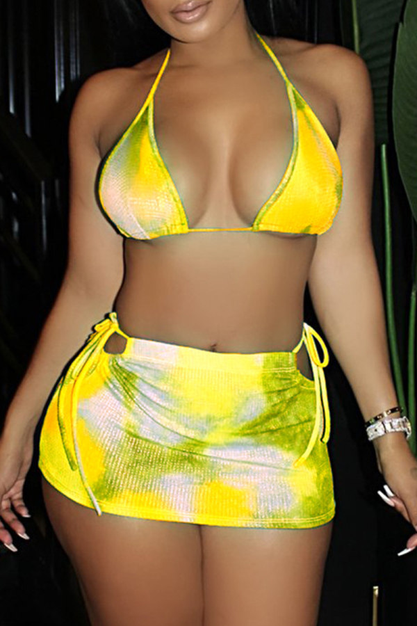 Yellow Sexy Print Frenulum Halter Sleeveless Two Pieces