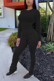 Black venetian Casual Solid Draped pencil Long Sleeve Two Pieces
