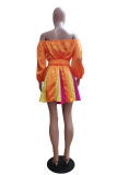 Tangerine Red Sexy Solid Patchwork Bateau Neck Pleated Dresses