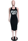 Black Sexy Casual Letter Print Basic O Neck Vest Dress