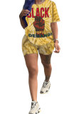 Yellow Polyester Fashion Casual Letter Patchwork Print Tie Dye Two Piece Suits pencil Short Sleeve Two Pieces