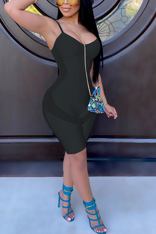 Black Fashion Sexy Patchwork Solid Sleeveless Slip Rompers