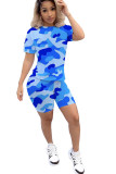 Red Polyester Fashion Active adult Ma'am Patchwork Print Camouflage Two Piece Suits Straight Short Sleeve Two Pieces