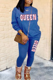 Blue Casual Print O Neck Long Sleeve Two Pieces
