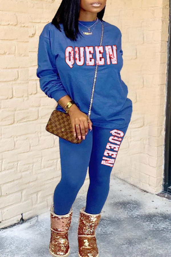 Blue Casual Print O Neck Long Sleeve Two Pieces