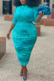 Turquoise Print Tie-dye Mandarin Collar Wrapped Skirt Plus Size 