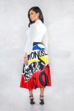 Multi-color Elastic Fly Mid Print Patchwork Draped Pleated skirt Capris Skirts