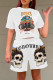 White Fashion Casual Print Basic O Neck Short Sleeve Two Pieces