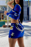 Blue Fashion Sexy Print Hollowed Out Backless Oblique Collar Long Sleeve Dresses
