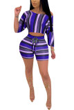 purple Sexy Fashion adult Patchwork Striped Print Two Piece Suits Straight Half Sleeve Two-Piece