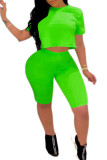 Fluorescent green Fashion adult Ma'am Street Patchwork Solid Two Piece Suits pencil Short Sleeve Two Pieces