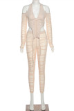 White Fashion Sexy Patchwork Solid See-through Asymmetrical Halter Long Sleeve Two Pieces