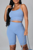 Blue Sexy Casual Solid Backless Spaghetti Strap Sleeveless Two Pieces
